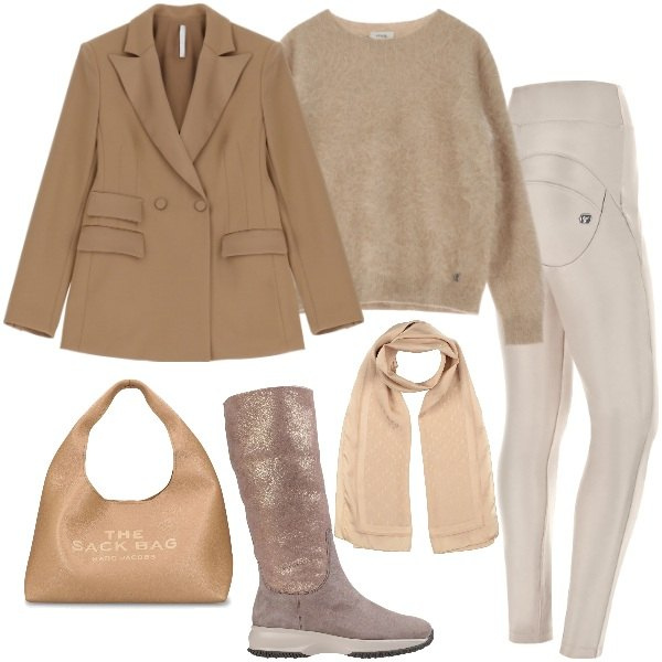 Outfit donna - Color biscotto. Stile Urban per Tutti i giorni. Abbinamento con stivali da neve, sciarpe, blazer, pantaloni skinny, pullovers, borse a spalla.