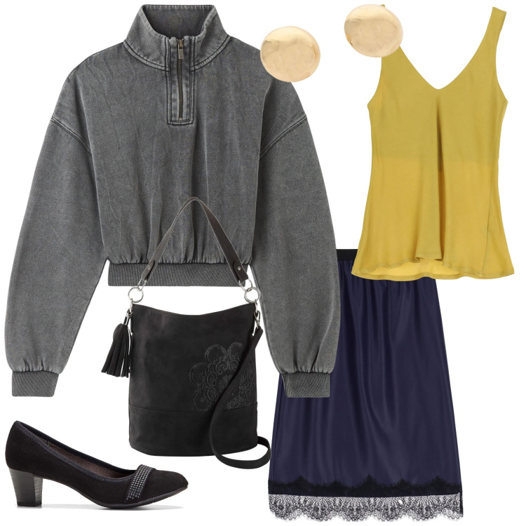 Outfit donna - Pomeriggio tra amiche. Stile Trendy per Tutti i giorni. Abbinamento con décolleté, borse a mano, felpe, gonne, top, orecchini.
