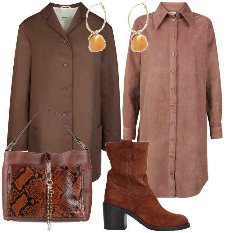 Outfit donna - Brown. Stile Urban per Tutti i giorni. Abbinamento con stivaletti, orecchini, borse a mano, vestiti chemisier, trench.