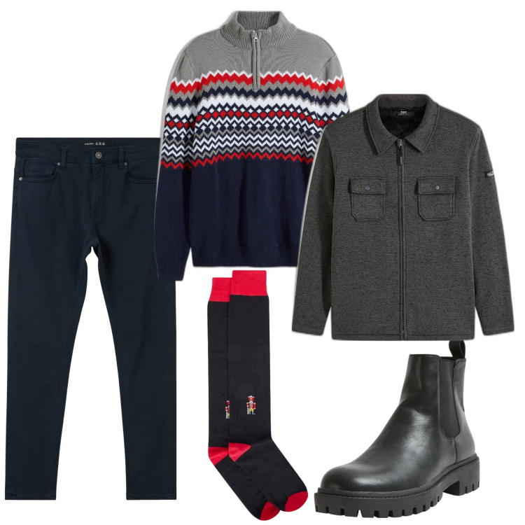 Outfit uomo - Grey and blue. Stile Casual per Tutti i giorni. Abbinamento con giacche, maglieria, pantaloni skinny, stivali e stivaletti, calzini.