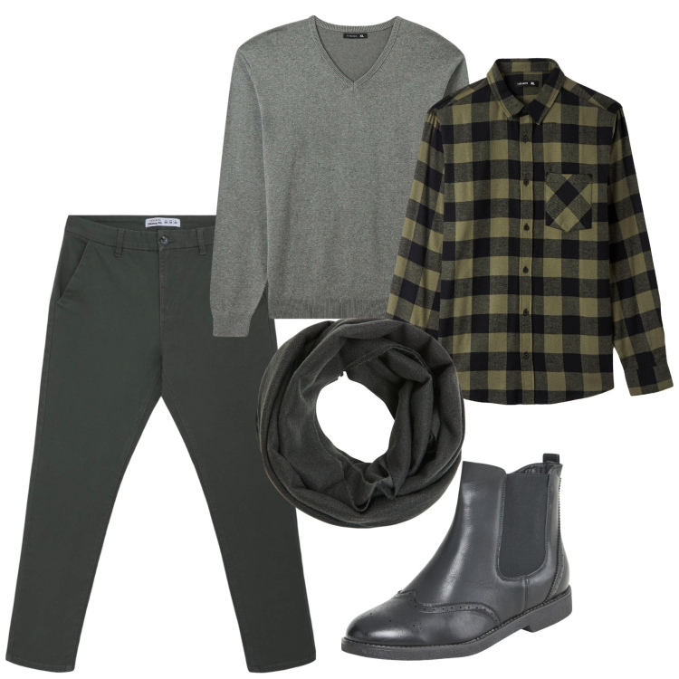 Outfit uomo - Green and grey. Stile Casual per Serata speciale. Abbinamento con stivali e stivaletti, pantaloni chino, camicie, maglieria, sciarpe.