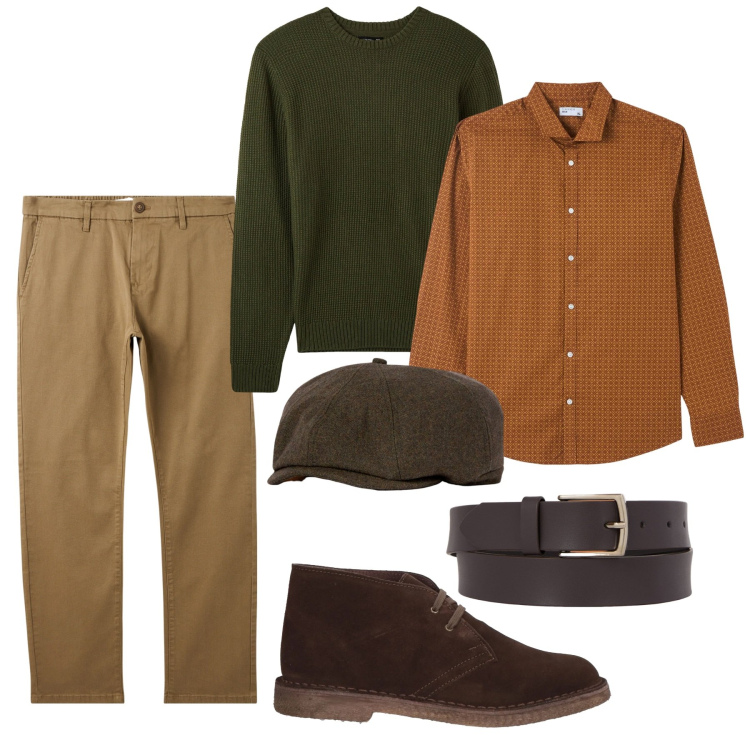 Outfit uomo - Casual con cura. Stile Casual per Tutti i giorni. Abbinamento con stivali e stivaletti, camicie, pantaloni chino, maglieria, cappelli e berretti, cinture.
