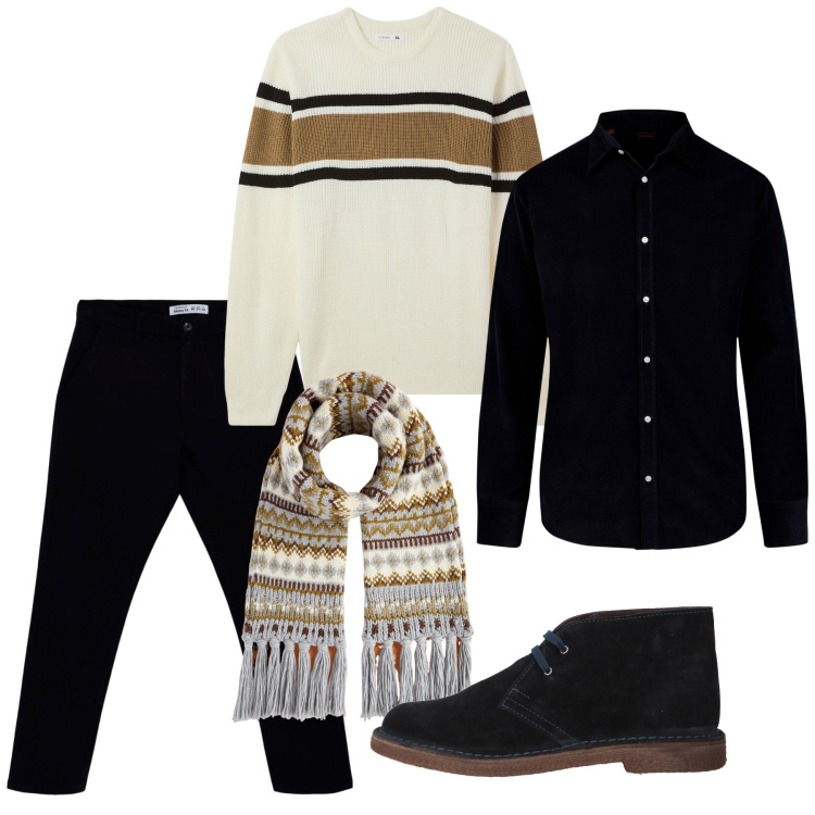 Outfit uomo - Fondo nero. Stile Casual per Serata speciale. Abbinamento con stivali e stivaletti, pantaloni chino, maglieria, sciarpe, camicie.