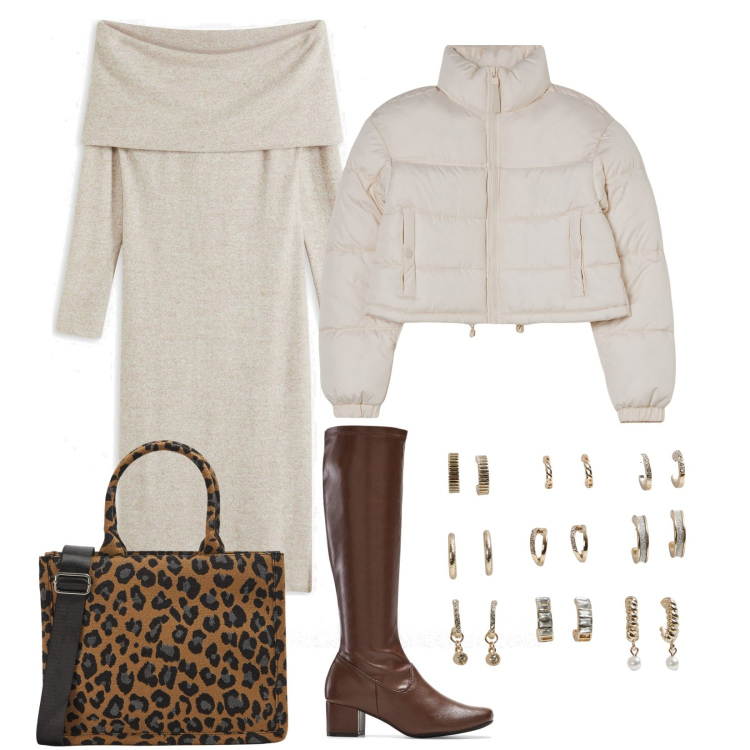 Outfit donna - Eleganza.1. Stile Bon Ton per Tutti i giorni. Abbinamento con stivali, vestiti midi/longuette, shopping bag, orecchini, blazer.