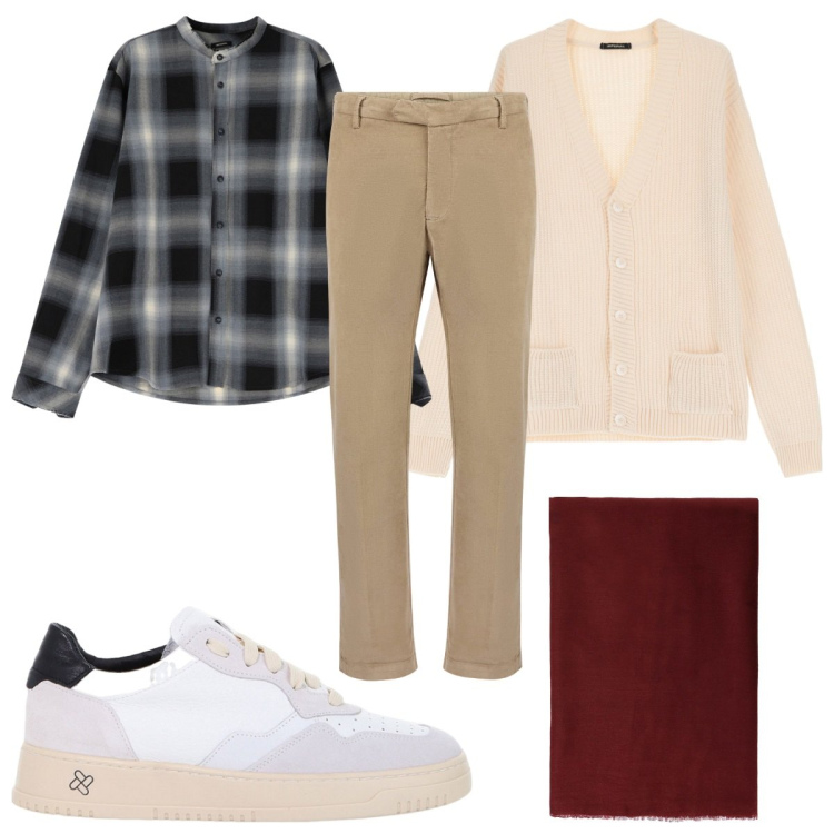 Outfit uomo - Total look #2037597. Stile Casual per Tutti i giorni. Abbinamento con sneakers, sciarpe, camicie, cardigans, pantaloni.