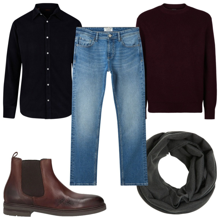 Outfit uomo - Total look #2037600. Stile Casual per Tutti i giorni. Abbinamento con stivali e stivaletti, jeans, sciarpe, maglieria, camicie.
