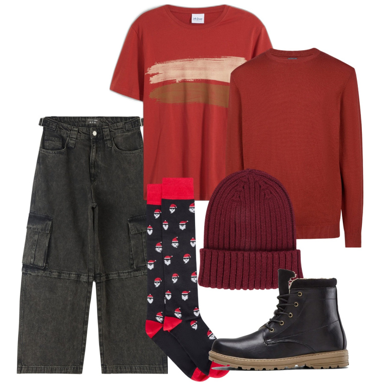 Outfit uomo - Rosso urban. Stile Urban per Tutti i giorni. Abbinamento con stivali e stivaletti, t-shirt, jeans, maglieria, calzini, berretti.