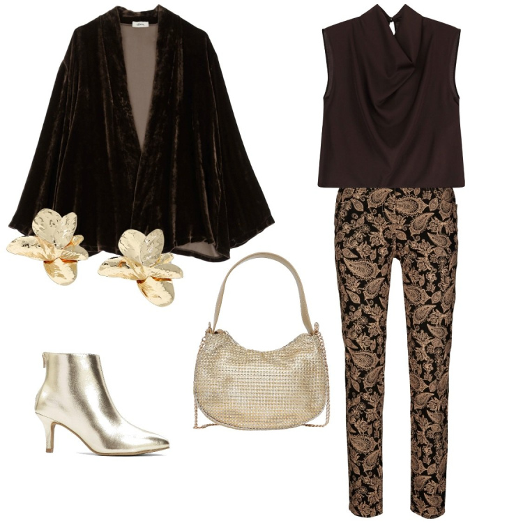 Outfit donna - Un\'occasione importante. Stile Chic per Serata fuori. Abbinamento con pantaloni, stivaletti, borse a spalla, top, blazer, orecchini.