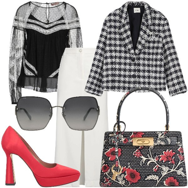 Outfit donna - Total look #2037609. Stile Vintage retrò per Cerimonia. Abbinamento con décolleté, top, borse a mano, occhiali da sole, gonne lunghe, blazer.