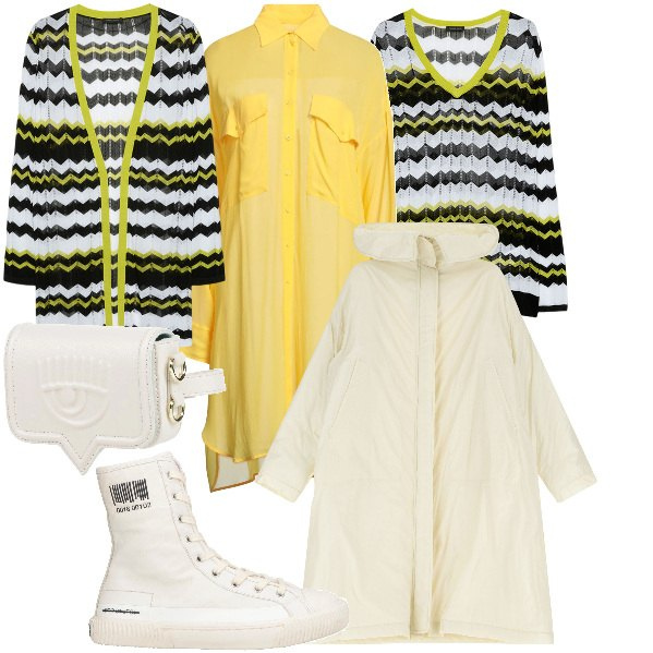 Outfit donna - Total look #2037610. Stile Urban per Tutti i giorni. Abbinamento con marsupi, sneakers alte, vestiti chemisier, parka, cardigans, maglieria.