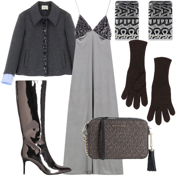 Outfit donna - Total look #2037618. Stile Glamour per Serata fuori. Abbinamento con stivali, borse a tracolla, guanti, vestiti lunghi, blazer, orecchini.