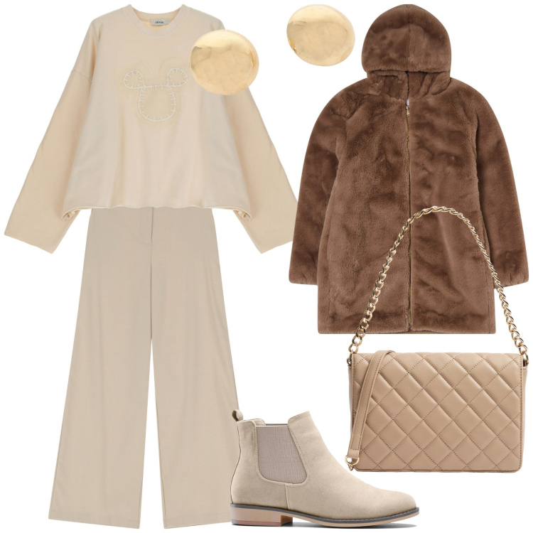 Outfit donna - Total look #2037619. Stile Casual chic per Tutti i giorni. Abbinamento con stivaletti chelsea, ecopellicce, borse a tracolla, felpe, pantaloni a palazzo, orecchini.