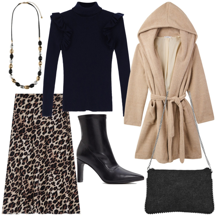 Outfit donna - Total look #2037627. Stile Casual chic per Serata fuori. Abbinamento con stivaletti, cappotti, borse a tracolla, maglieria, gonne longuette, collane.