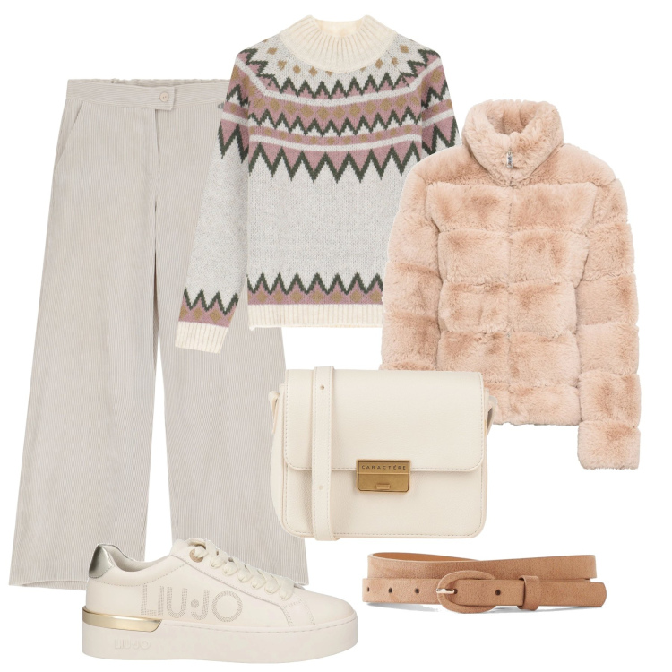 Outfit donna - Pantaloni in velluto ed eco pelliccia. Stile Sporty chic per Tutti i giorni. Abbinamento con ecopellicce, cinture, sneakers, borse a tracolla, maglieria, pantaloni a palazzo.