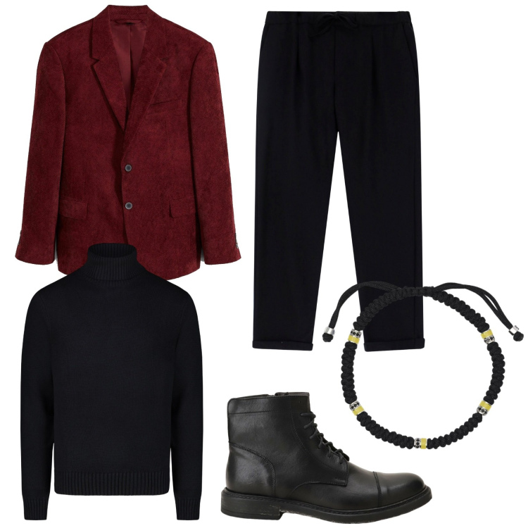 Outfit uomo - Un tocco di velluto. Stile Casual per Ufficio. Abbinamento con giacche, braccialetti, stivali e stivaletti, pantaloni, maglieria.