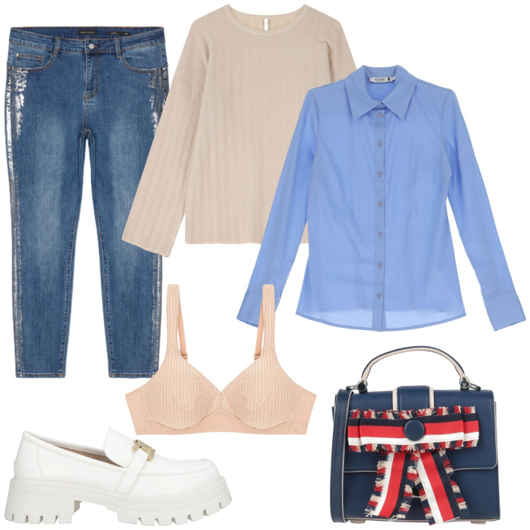 Outfit donna - Moda e layering. Stile Casual per Ufficio. Abbinamento con mocassini, borse a mano, camicie, pullovers, reggiseni, jeans skinny.