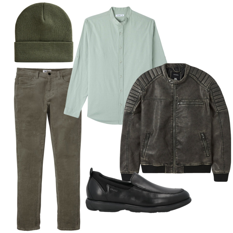 Outfit uomo - Oggi così. Stile Biker Rock per Tutti i giorni. Abbinamento con pantaloni, scarpe stringate, camicie, giacche, berretti.