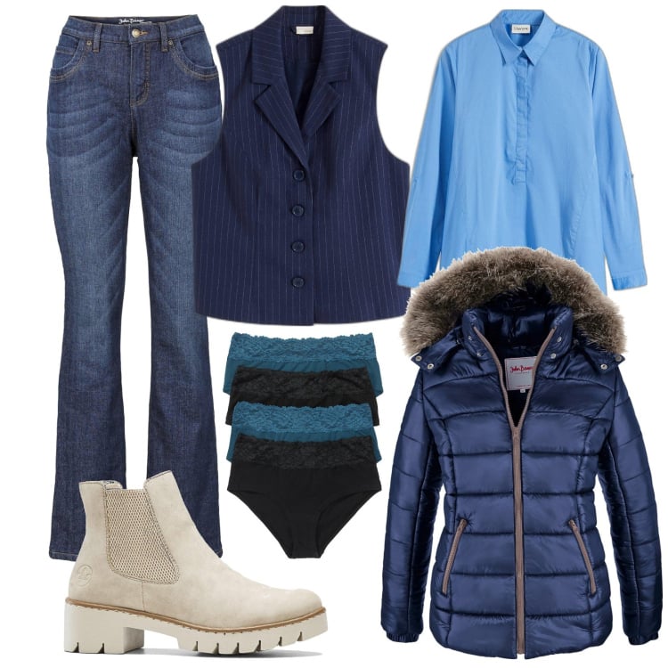Outfit donna - Bonprix tendenze in denim. Stile Trendy per Tutti i giorni. Abbinamento con piumini, culotte, stivaletti, jeans bootcut, gilet, camicie.