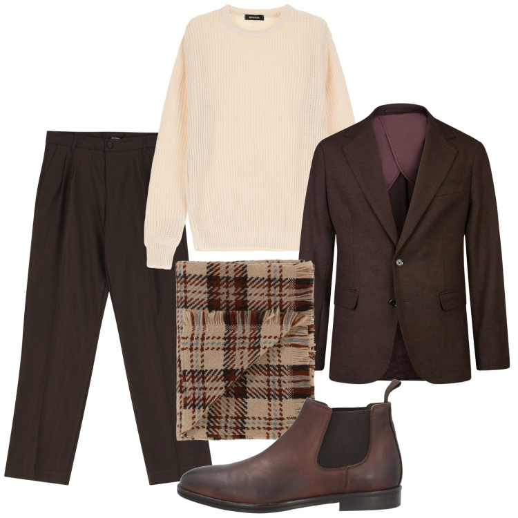 Outfit uomo - Brown elegance. Stile Trendy per Ufficio. Abbinamento con stivali e stivaletti, pantaloni, sciarpe, maglieria, giacche.
