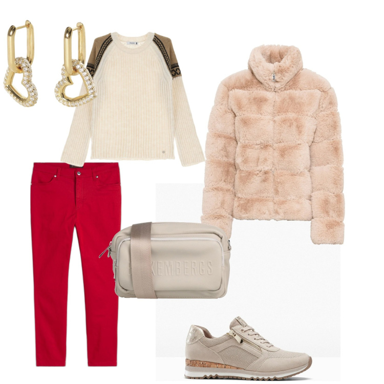 Outfit donna - In giro. per Tutti i giorni. Abbinamento con ecopellicce, pantaloni, sneakers, borse a tracolla, orecchini, pullovers.