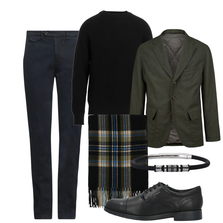 Outfit uomo - Jazz mood. Stile Trendy per Serata speciale. Abbinamento con scarpe stringate, pullovers, pantaloni chino, braccialetti, sciarpe, giacche.