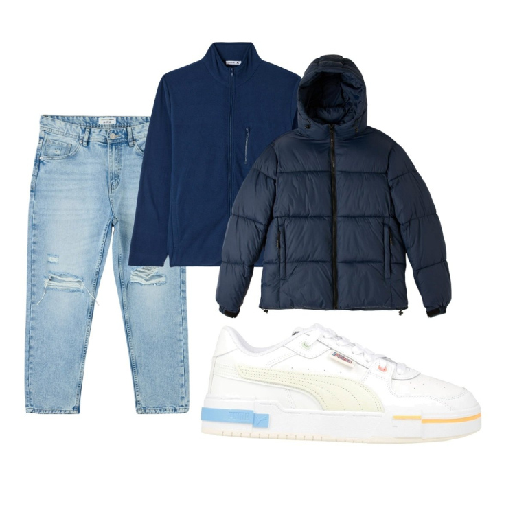 Outfit uomo - Total look #2037682. Stile Casual per Tutti i giorni. Abbinamento con sneakers, jeans strappati, piumini, felpe.