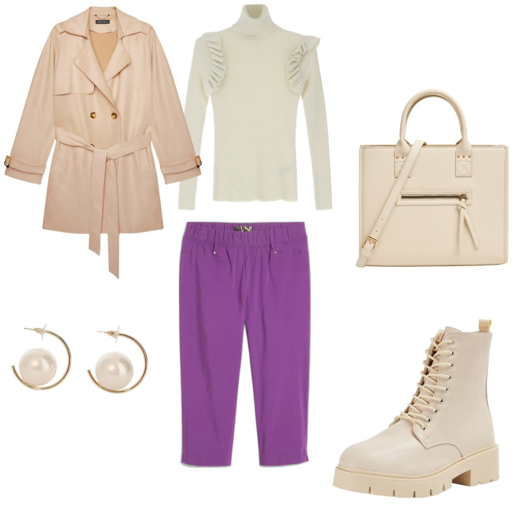 Outfit donna - Colori chiari. per Tutti i giorni. Abbinamento con pantaloni, orecchini, anfibi, shopping bag, maglieria, trench.