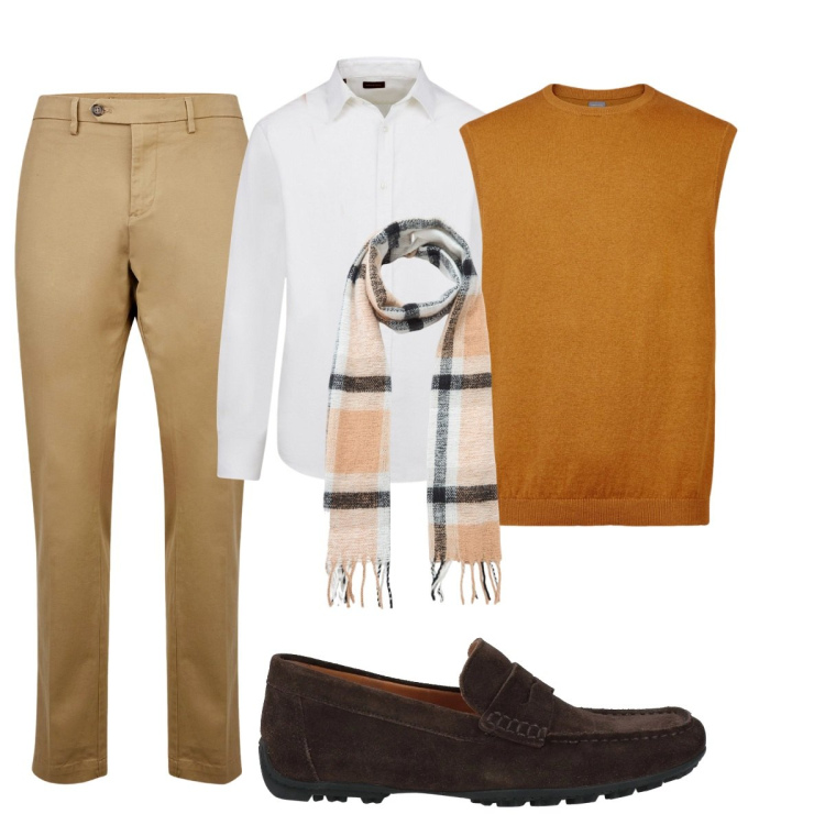 Outfit uomo - Total look #2037686. Stile Business/Elegante per Ufficio. Abbinamento con scarpe stringate, sciarpe, pantaloni chino, gilet, camicie.