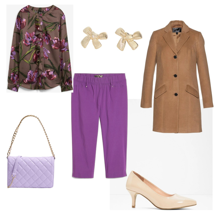 Outfit donna - Commissioni. per Tutti i giorni. Abbinamento con pantaloni, tuniche, cappotti, décolleté, orecchini, borse a tracolla.