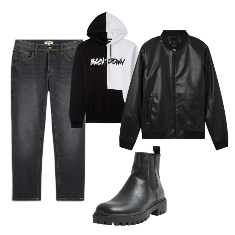 Outfit uomo - Total look #2037691. Stile Trendy per Tutti i giorni. Abbinamento con jeans dritti, felpe con cappuccio, bomber, stivali e stivaletti.