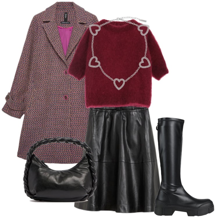 Outfit donna - La collana con i cuori. Stile Trendy per Serata fuori. Abbinamento con gonne, stivali sopra il ginocchio, maglieria, cappotti, collane, borse a mano.