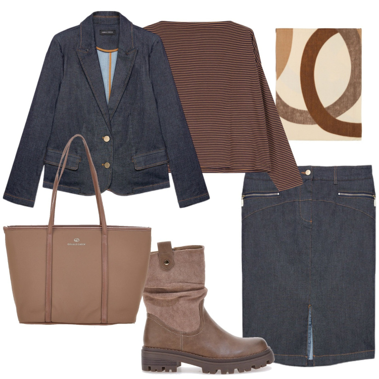 Outfit donna - Tailleur new look. Stile Casual per Ufficio. Abbinamento con foulard, maglieria, stivaletti, gonne, blazer, borse a spalla.