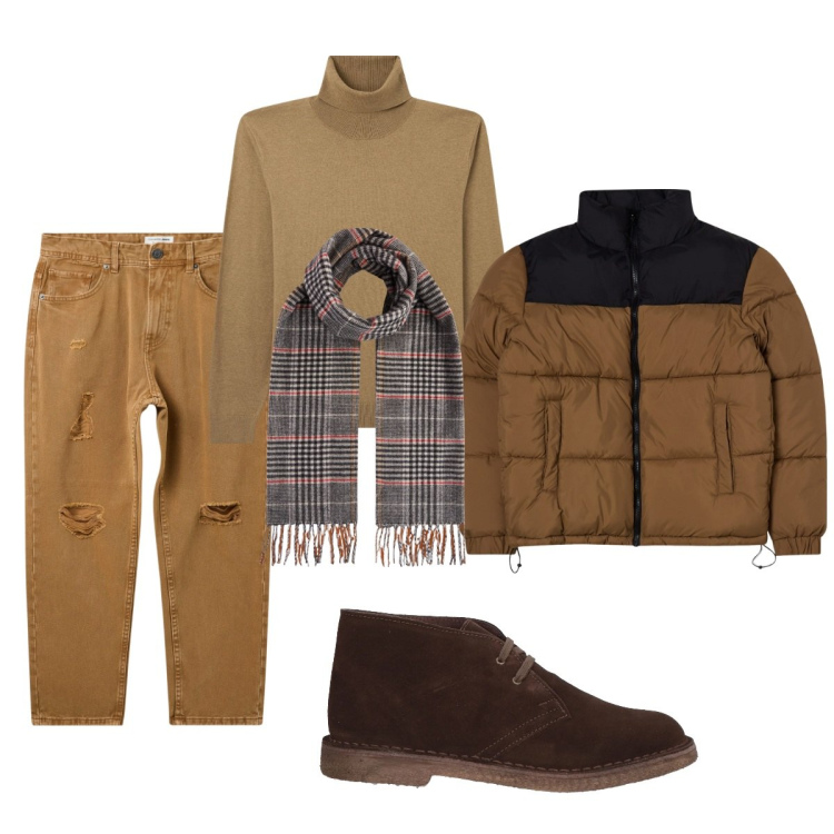 Outfit uomo - Total look #2037703. Stile Casual per Tutti i giorni. Abbinamento con stivali e stivaletti, giacche, jeans strappati, maglieria, sciarpe.