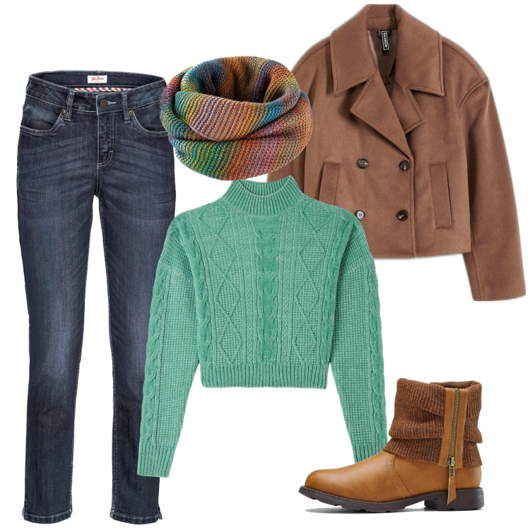 Outfit donna - Sciarpa multicolor. Stile Basic per Scuola/Università. Abbinamento con jeans, foulard, caban, stivaletti, maglieria.