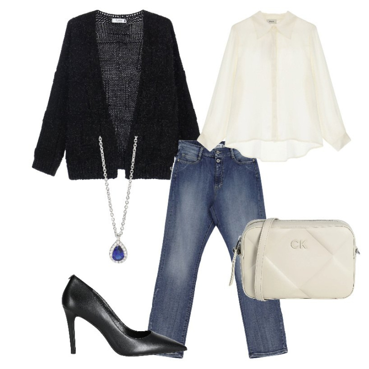 Outfit donna - Jeans e tacco. Stile Casual chic per Tutti i giorni. Abbinamento con décolleté, borse a tracolla, collane, jeans dritti, cardigans, camicie.