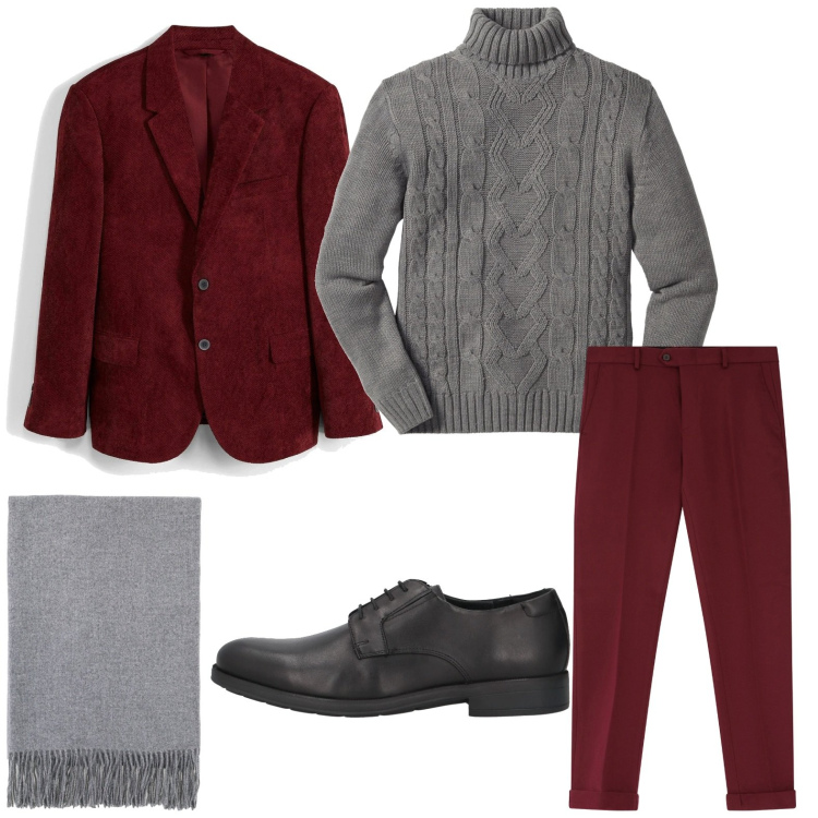Outfit uomo - Un tocco di velluto. Stile Urban per Serata speciale. Abbinamento con maglieria, giacche, scarpe stringate, pantaloni, sciarpe.