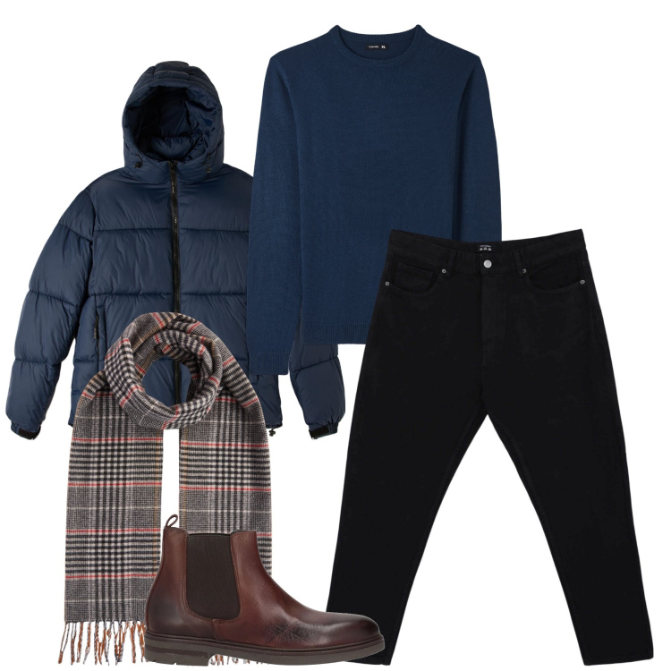 Outfit uomo - Blu protagonista. Stile Casual per Serata speciale. Abbinamento con stivali e stivaletti, pantaloni, piumini, maglieria, sciarpe.