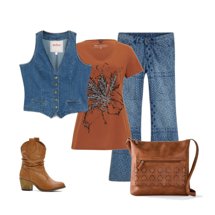 Outfit donna - Gilet in jeans. Stile Preppy per Tutti i giorni. Abbinamento con borse a tracolla, gilet, stivaletti texani, t-shirt, jeans a zampa.