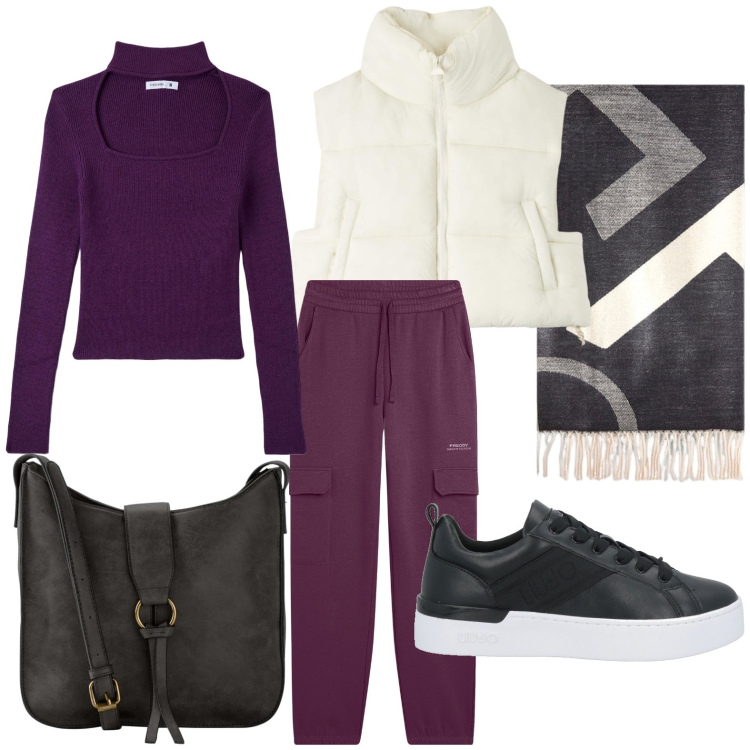 Outfit donna - Sfumature di viola. Stile Sporty chic per Tutti i giorni. Abbinamento con borse a tracolla, sneakers, maglieria, piumini, pantaloni cargo, sciarpe.