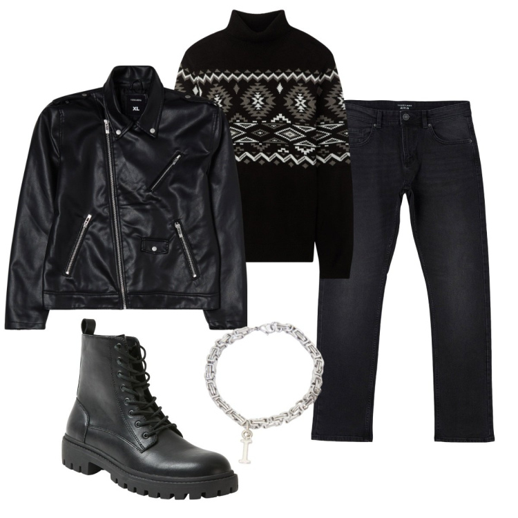 Outfit uomo - Total black. Stile Biker Rock per Serata speciale. Abbinamento con maglieria, jeans dritti, giacche, anfibi, braccialetti.