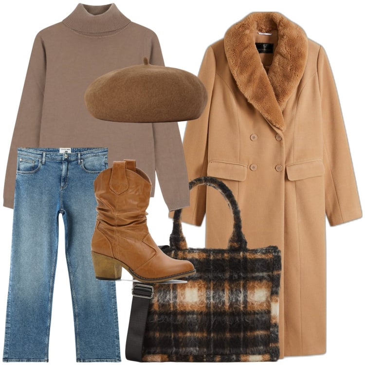 Outfit donna - Al caldo col cappotto. Stile Glamour per Tutti i giorni. Abbinamento con stivaletti texani, cappotti, shopping bag, jeans dritti, maglieria, cappelli e berretti.