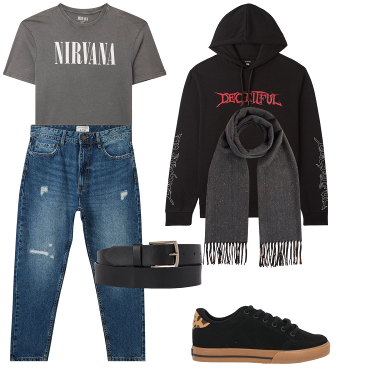Outfit uomo - Giornata libera. Stile Trendy per Tutti i giorni. Abbinamento con sneakers, felpe con cappuccio, t-shirt, jeans strappati, sciarpe, cinture.