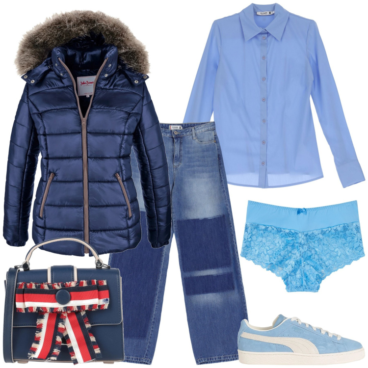 Outfit donna - Comoda in città. Stile Casual chic per Tutti i giorni. Abbinamento con piumini, culotte, borse a mano, sneakers, jeans a zampa, camicie.