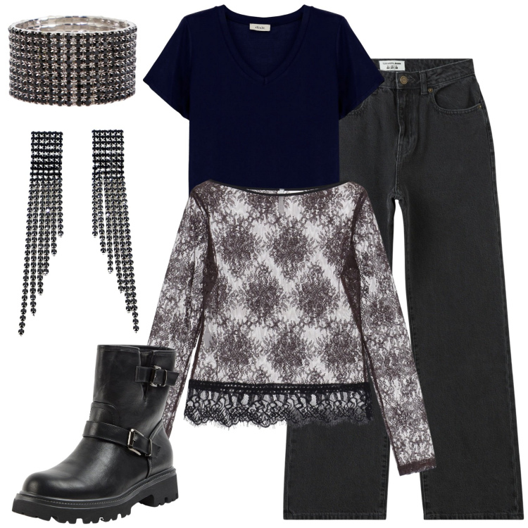 Outfit donna - Tra rock e glamour. Stile Rock per Tutti i giorni. Abbinamento con stivaletti, jeans dritti, orecchini, braccialetti, t-shirt, top.