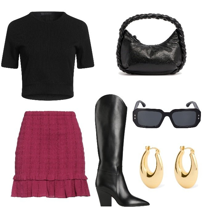 Outfit donna - Total look #2037775. Stile Trendy per Serata fuori. Abbinamento con t-shirt, minigonne, stivali, occhiali da sole, orecchini, borse a mano.