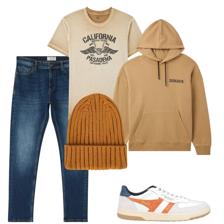Outfit uomo - Easy day. Stile Trendy per Tutti i giorni. Abbinamento con sneakers, felpe con cappuccio, jeans skinny, t-shirt, berretti.