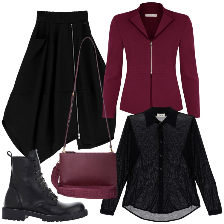 Outfit donna - Nuovo anno nuovo stile. Stile Trendy per Serata fuori. Abbinamento con blazer, gonne longuette, stivaletti, camicie, borse a tracolla.