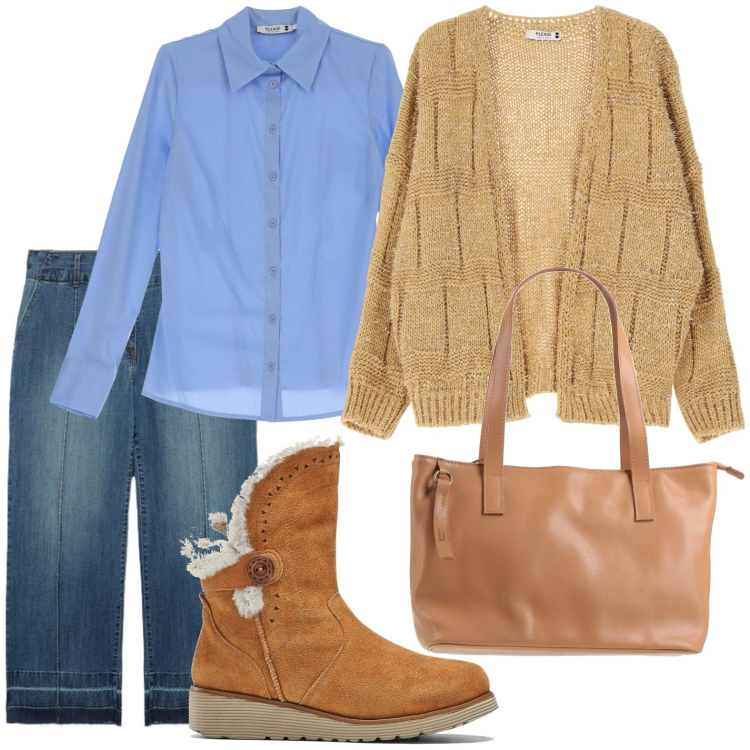 Outfit donna - Voglia di comfort. Stile Minimal per Ufficio. Abbinamento con stivali, borse a mano, cardigans, camicie, jeans.