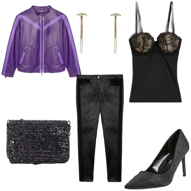 Outfit donna - Venerdì si balla. per Serata fuori. Abbinamento con canottiere, décolleté, orecchini, borse a tracolla, blazer, pantaloni skinny.