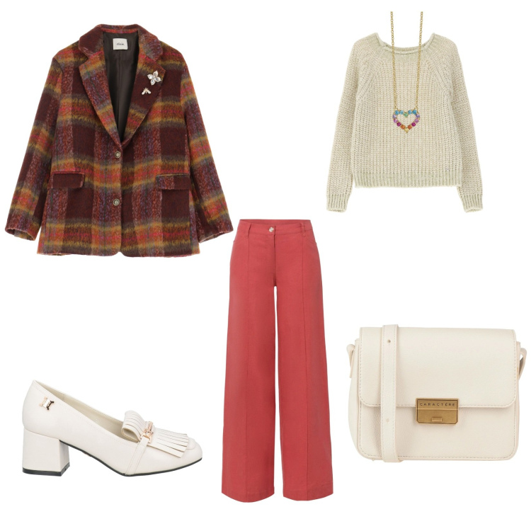 Outfit donna - Colloqui a scuola. per Scuola/Università. Abbinamento con mocassini, borse a tracolla, pantaloni a palazzo, collane, blazer, pullovers.